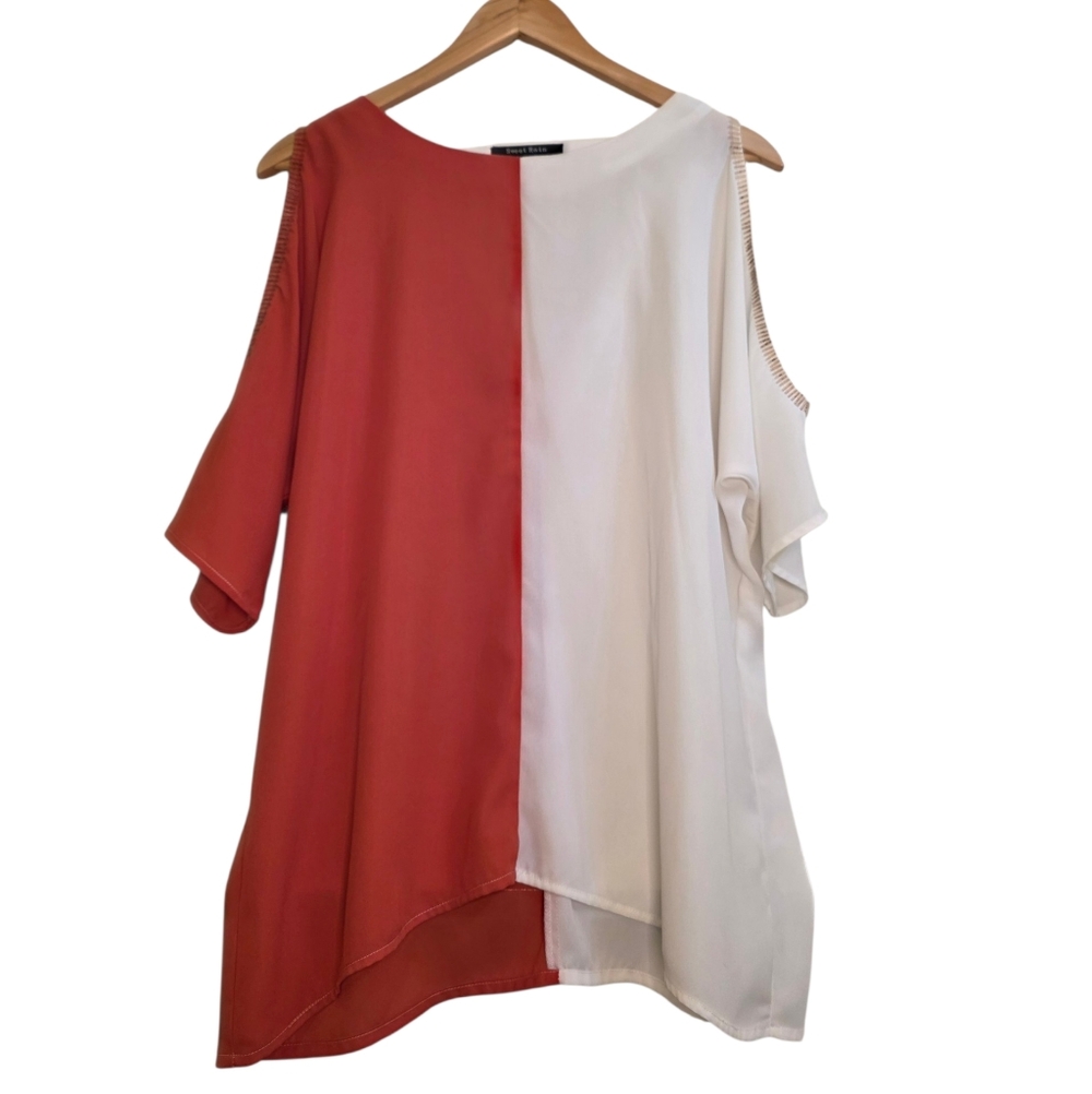 Sweet Rain Dusty Orange & Ivory Open Arm Rhinestone Detail Flowy Blouse Size XL